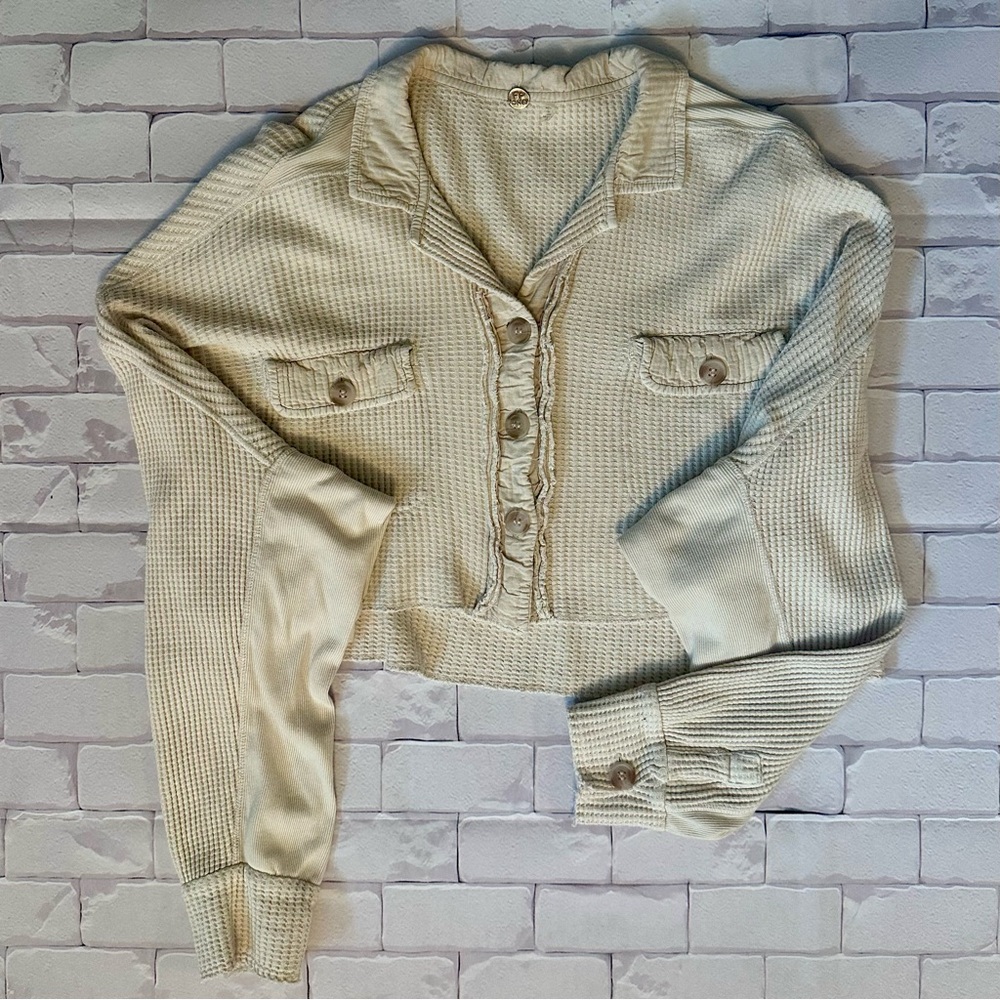 Free People Cropped Waffle Shirt Cream Size M - Picture 2 of 6